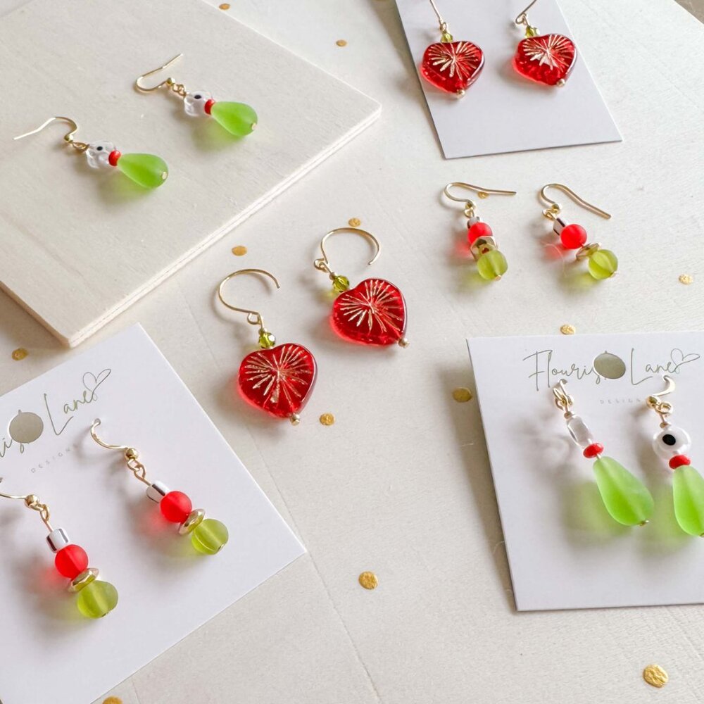 Colourful Beaded Drop Earrings Red Lime Green Gold | Funky Jewellery - Picture 2 of 6